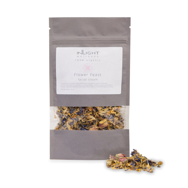 Inlight Beauty Flower Feast Facial Steam, an organic blend of lavender, chamomile, rose, calendula, hibiscus, and cornflower, designed to hydrate and refresh skin.