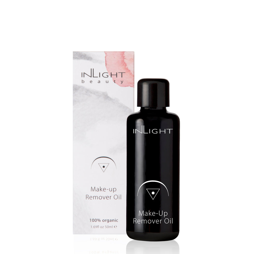 Bottle of Inlight Beauty Make-up Remover Oil, a silky, fragrance-free cleansing oil for makeup removal and conditioning skin and lashes.