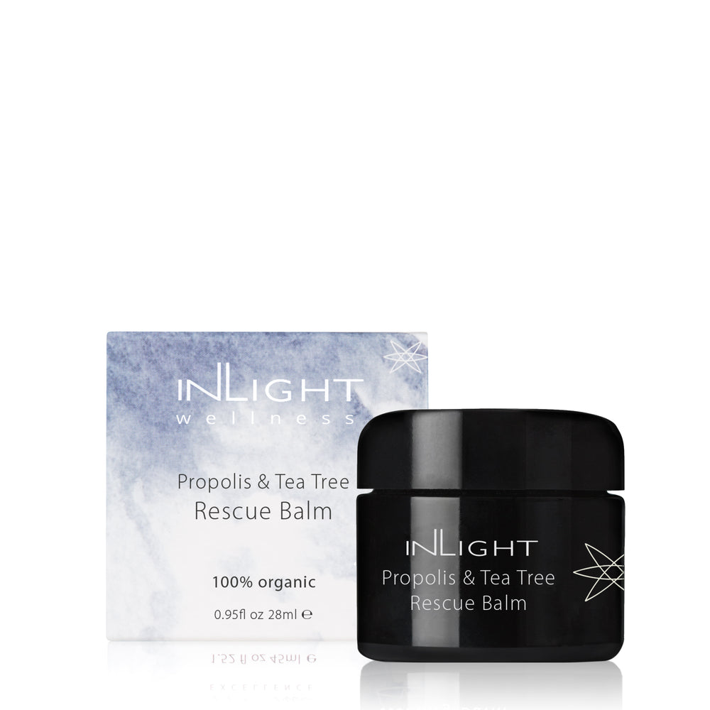 Inlight Beauty Propolis & Tea Tree Rescue Balm, 100% organic soothing balm for sensitive skin prone to blemishes, breakouts, and discomfort. Suitable for face and body.