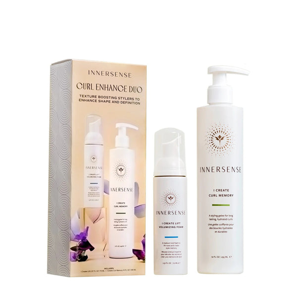 Innersense Organic Beauty Curl Enhance Duo with I Create Curl Memory and I Create Lift bottles displayed together on a white background