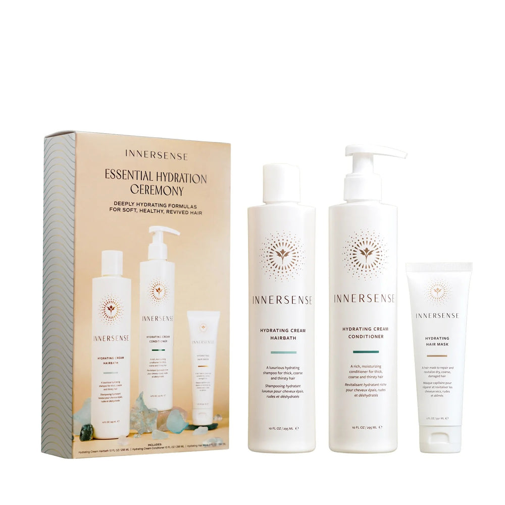 Innersense Organic Beauty Essential Hydration Ceremony set featuring Hydrating Cream Hairbath, Conditioner, and Hair Mask arranged together on a white background.
