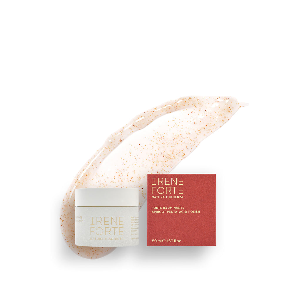 Irene Forte skincare product with packaging on a white background. Irene Forte Skincare Apricot Penta-Acid Polish with apricot seed powder and fruit-derived AHAs.