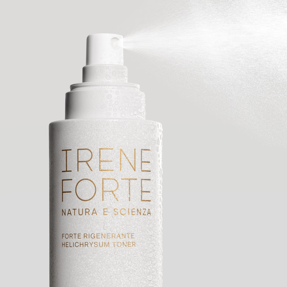 Irene Forte Skincare Helichrysum Toner bottle with Mediterranean ingredients and organic Sicilian white wine for hydration and anti-aging benefits.