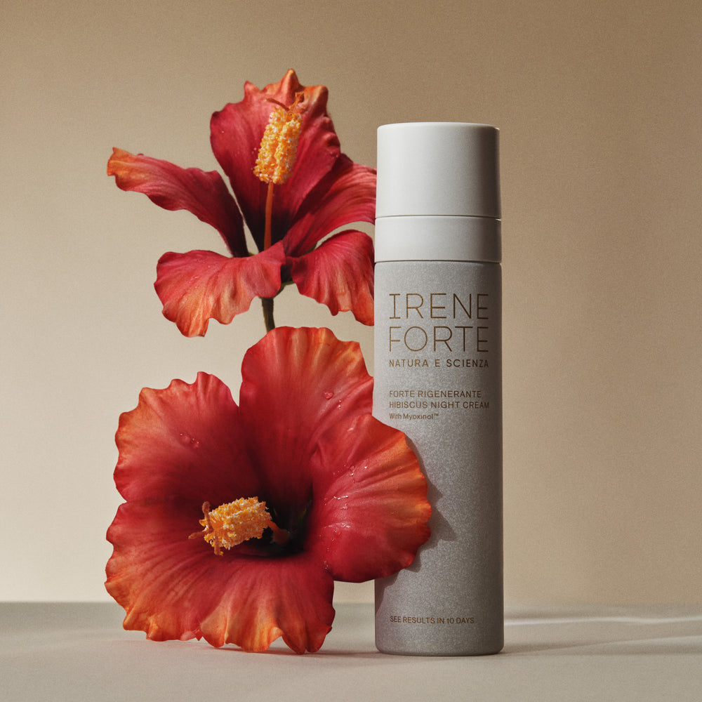 Irene Forte Skincare Hibiscus Night Cream – a rich, hydrating face cream with Myoxinol™, green pea polypeptides, and ceramides.