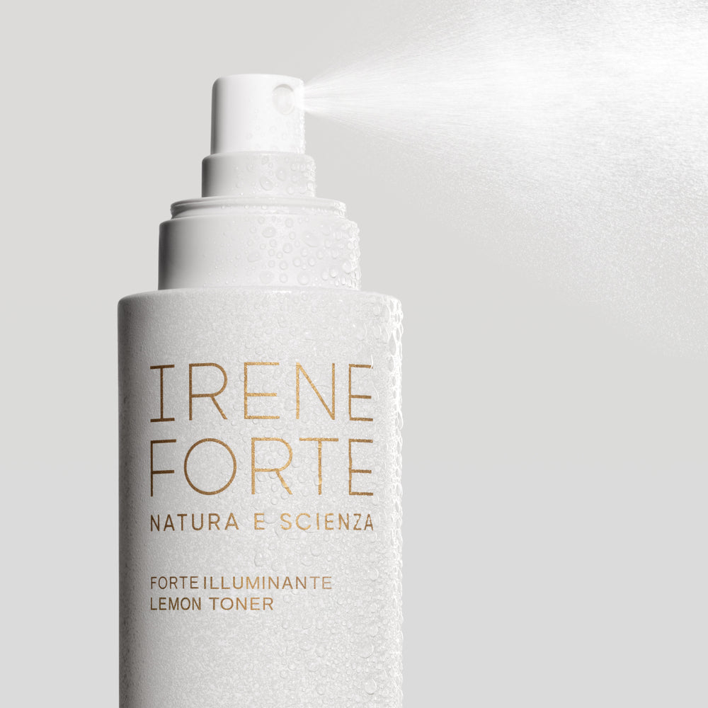 Irene Forte Skincare Lemon Toner bottle with Triple AHA Complex, featuring Italian fruit acids, Rose Water, and Witch Hazel.