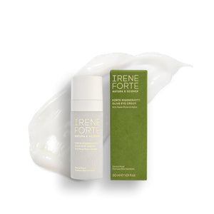 Irene Forte olive eye cream with packaging on a white background. IRENE FORTE SKINCARE Olive Eye Cream – a fast-absorbing eye cream with Penta-Phyto Complex in a sleek 30ml bottle, suitable for sensitive eyes.