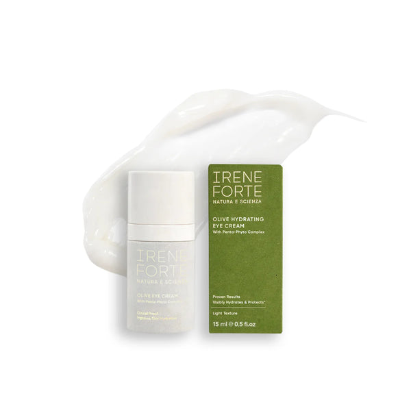 Irene Forte olive hydrating eye cream with packaging on a white background