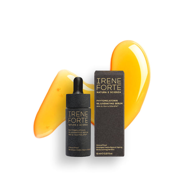 Irene Forte Skincare Phytomelatonin Rejuvenating Serum bottle with Dr. Ferri 70% APM™ and 30% Vitamin E for smoother, more refined-looking skin.