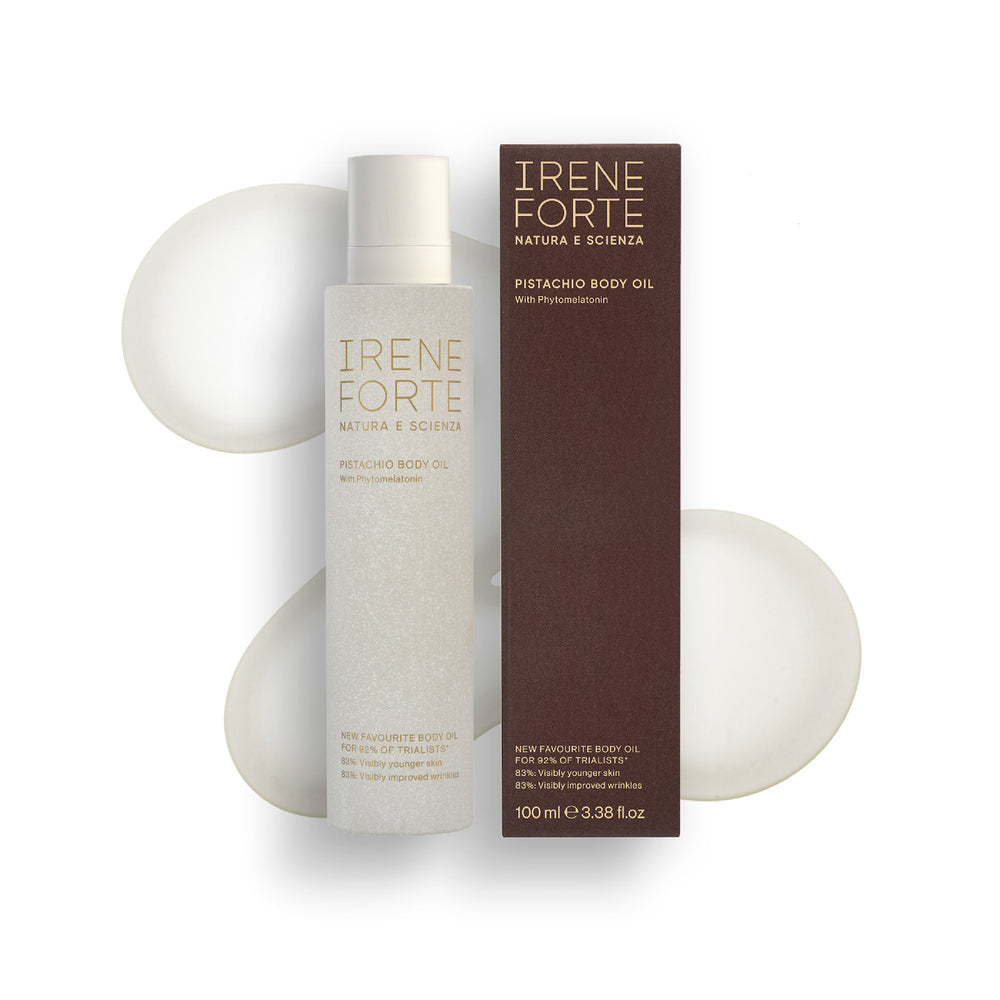 IRENE FORTE SKINCARE Pistachio Body Oil – nourishing anti-aging body oil in a 100ml bottle with Phytomelatonin and Sicilian Pistachio Oil.
