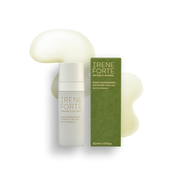 Bottle of Irene Forte Skincare Pistachio Face Oil with Phytomelatonin, shown with sleek packaging, ideal for hydration and skin smoothing.