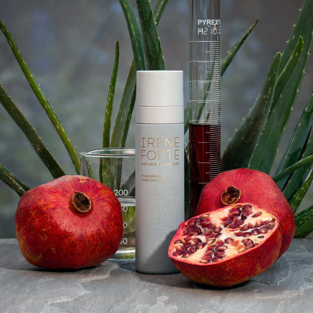 Irene Forte hand cream with packaging on a white background. IRENE FORTE SKINCARE Pomegranate Hand Cream
