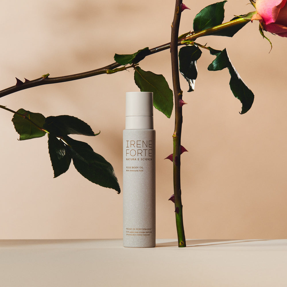Irene Forte Rose Body Oil with packaging on a white background