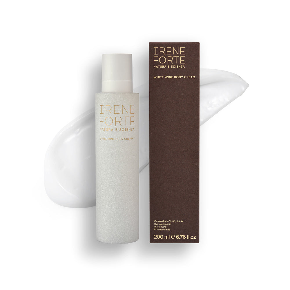 Irene Forte white wine body cream bottle and packaging on a white background. Irene Forte White Wine Body Cream – a luxurious 200ml body moisturizer enriched with organic white wine and hyaluronic acid.