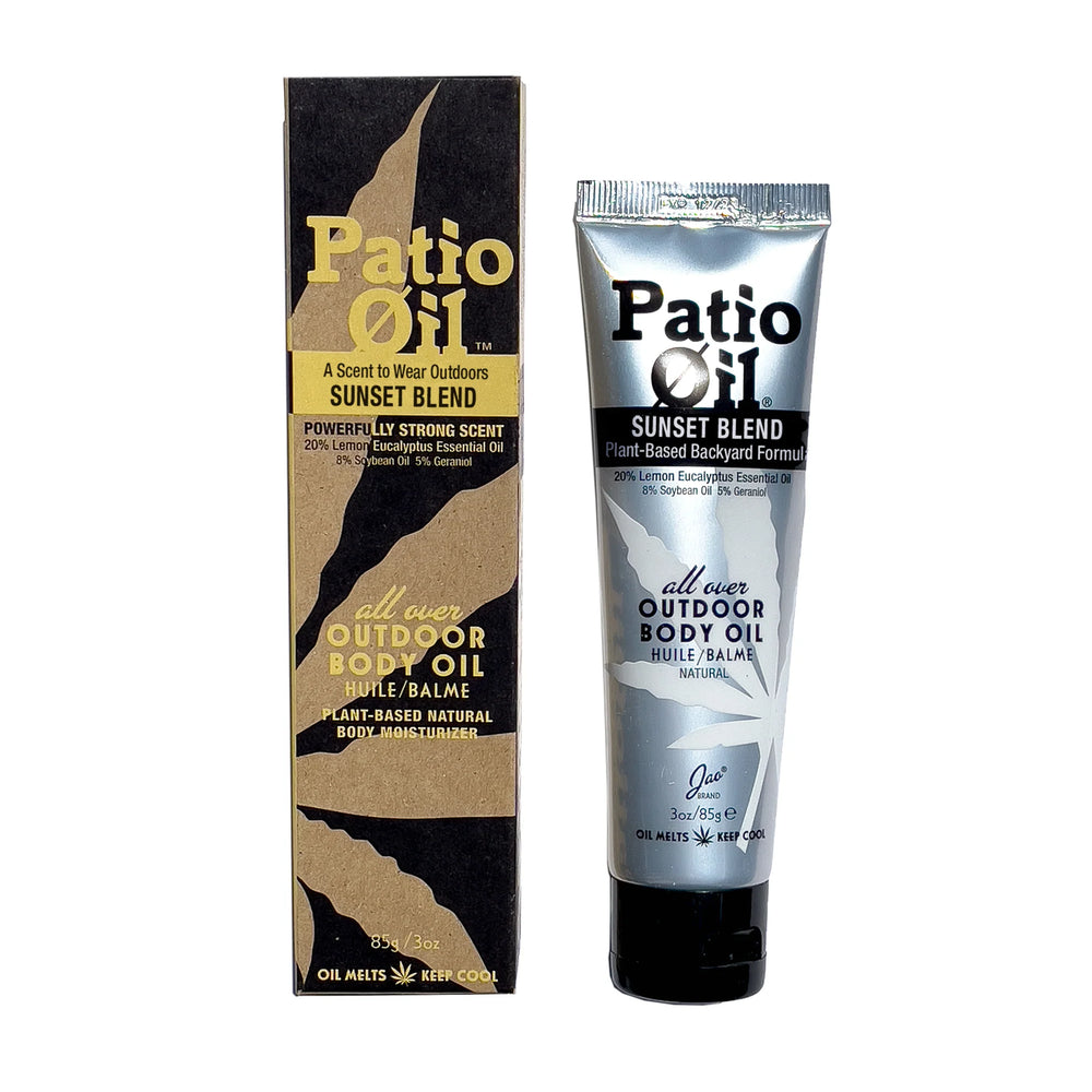Tube of Patio Oil outdoor body oil on a white background