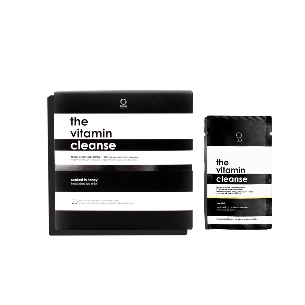 KAIA NATURALS The Vitamin Cleanse Cloths – compostable bamboo wipes for face and body, infused with vitamins and nourishing oils.