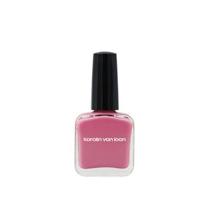 Pink nail polish bottle with black cap on a white background
