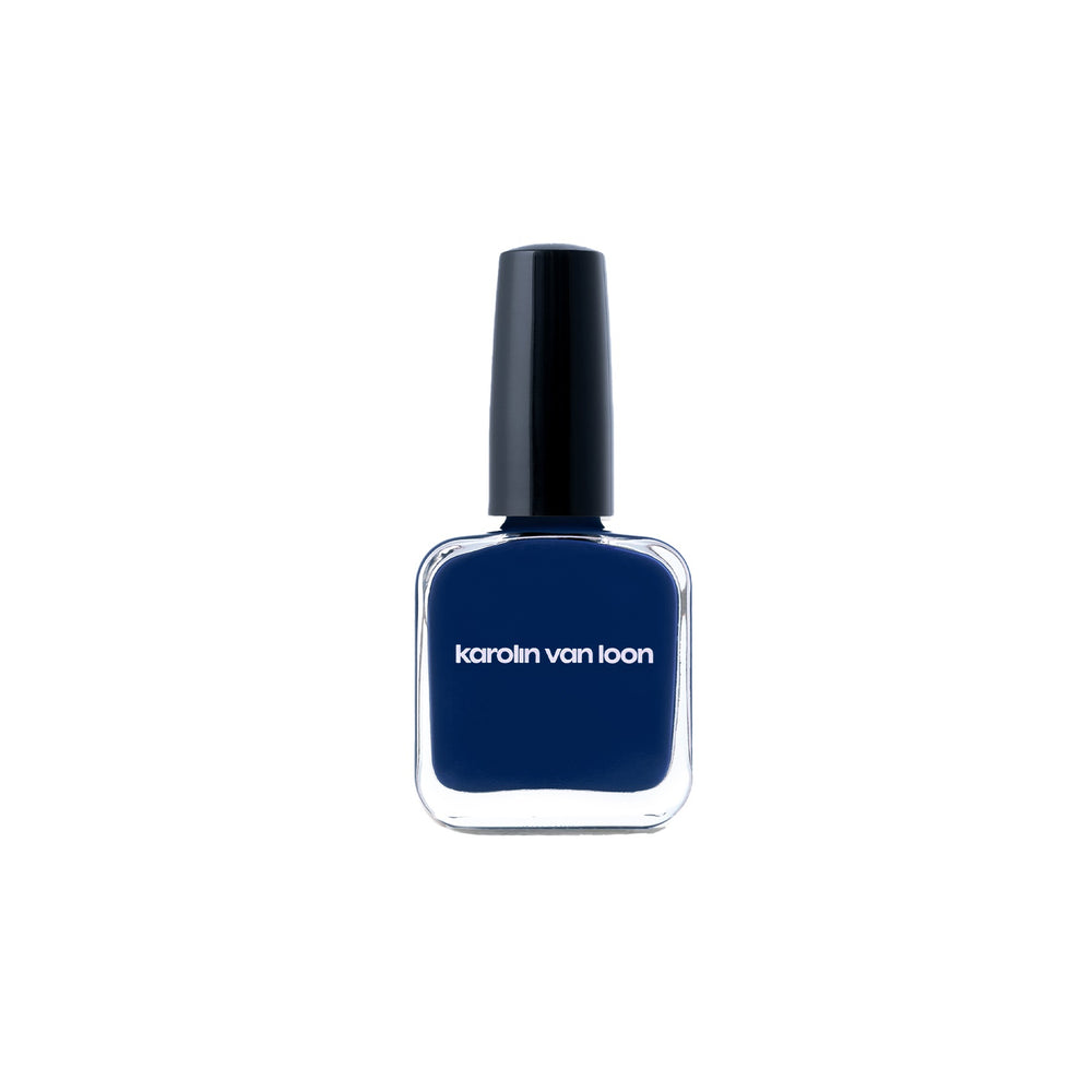 Karolin Van Loon 46 Cobalt Chic – electric blue vegan nail polish in sleek glass bottle, bold 12-free formula made in Belgium for a vibrant summer manicure.