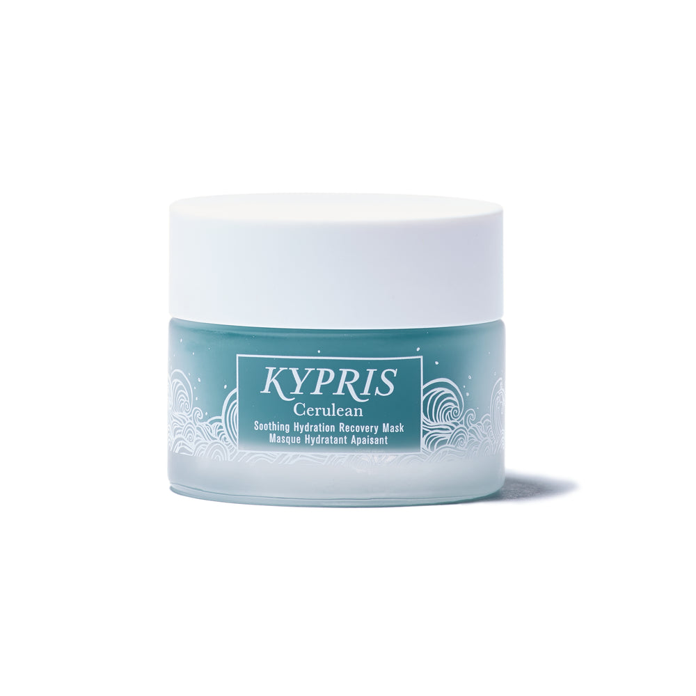 KYPRIS Cerulean mask on white background in clear glass jar with white lid
