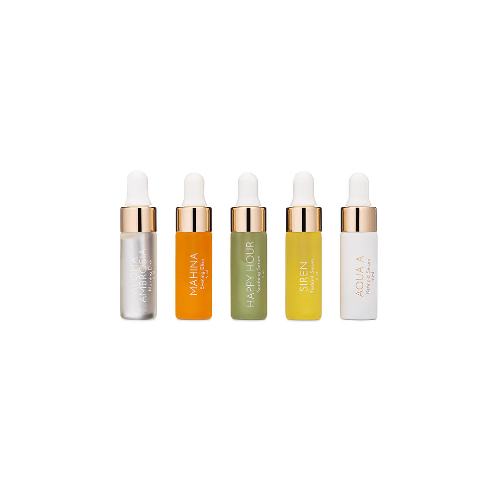 Leahlani Skincare Beauty Oil Discovery Set featuring travel-sized vials of luxury beauty oils on a white background.