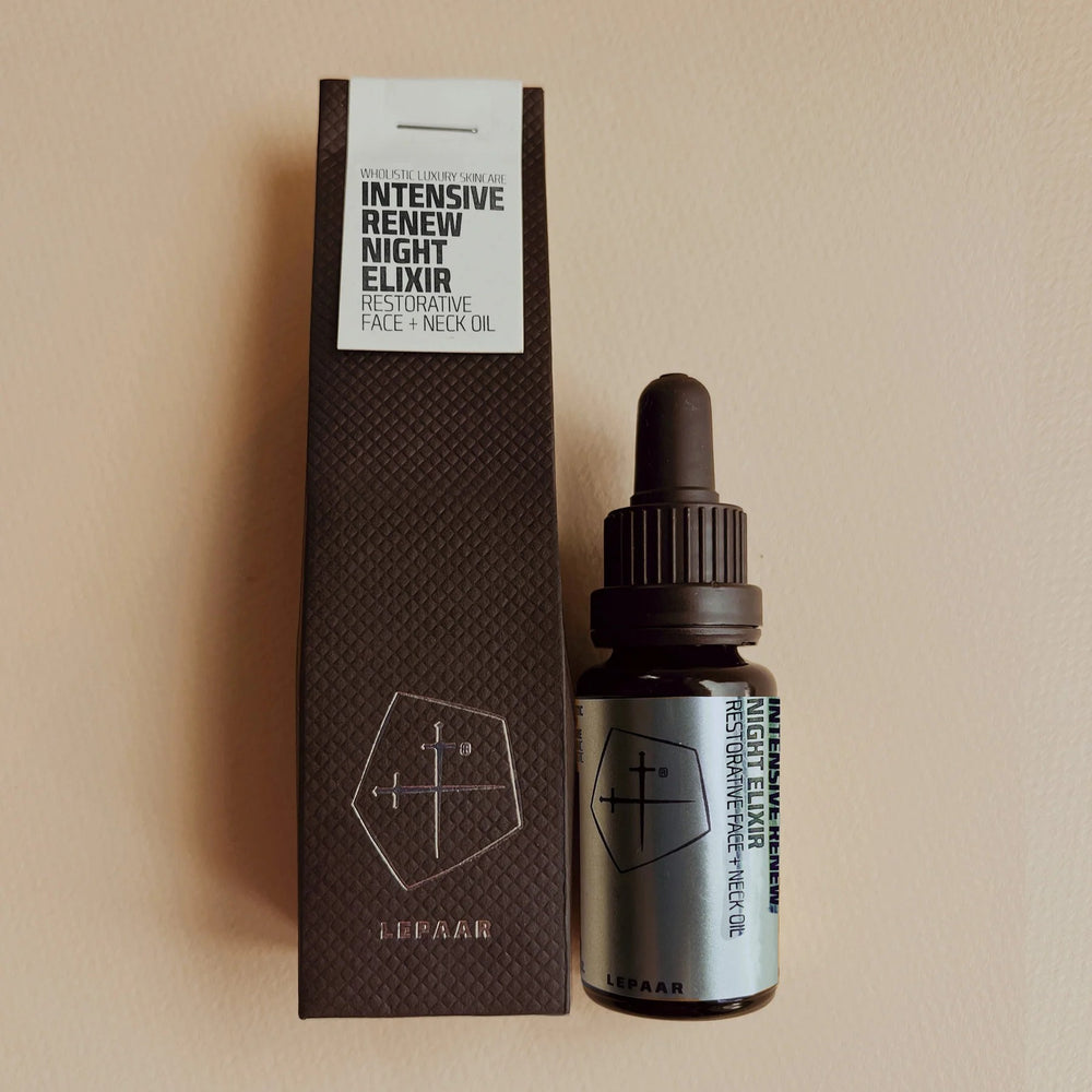 LEPAAR Intensive Renew Night Elixir face and neck oil bottle on a white background.