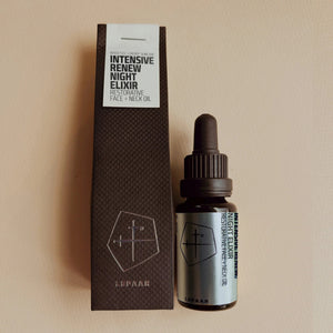 Lepaar Intensive Renew Night Elixir bottle and packaging on a beige background