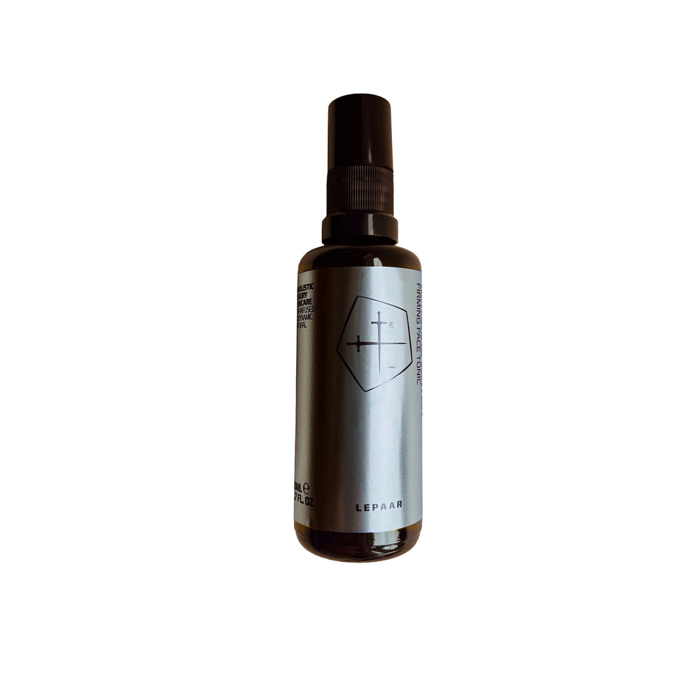 LEPAAR Restore Geranium Chamomile Mineral Water Regenerative Face and Hair Tonic in UVA glass bottle with 24K gold and botanical hydrosols.