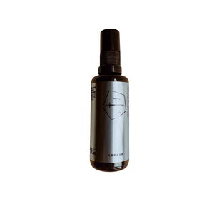 LEPAAR Restore Geranium Chamomile Mineral Water Regenerative Face and Hair Tonic in UVA glass bottle with 24K gold and botanical hydrosols.