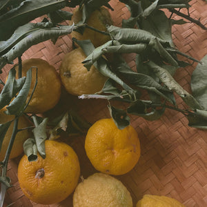 Yuzu citruses with green leaves on a woven surface. LEPAAR Yuzu Vitamin C Serum Complexion Saving Antioxidant Concentrate