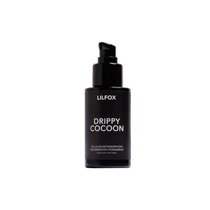 LILFOX Drippy Cocoon Regenerative HydraSerum bottle with milky texture, designed to hydrate and nourish the skin for a radiant glow.