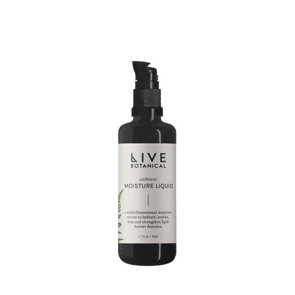 Live Botanical Ambient Moisture Liquid hydrating serum with plant-based extracts for dry skin, featuring a creamy texture that promotes smooth, balanced skin.