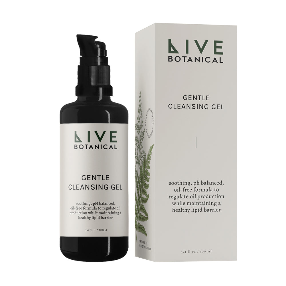 Live Botanical Gentle Cleansing Gel in a 100 ml bottle, soothing formula for sensitive and congestion-prone skin with green tea, chamomile, and aloe.