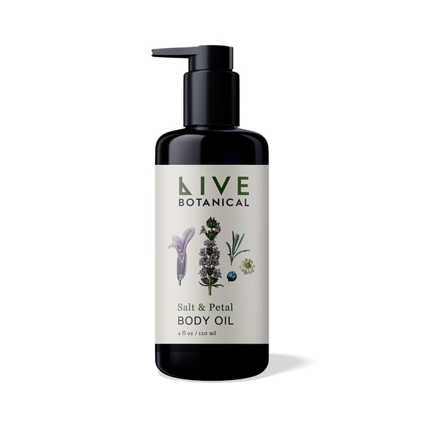 Bottle of Live Botanical Salt & Petal Body Oil on a white background