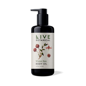 LIVE BOTANICAL Winter Sun Body Oil 120ml black glass bottle with a black pump