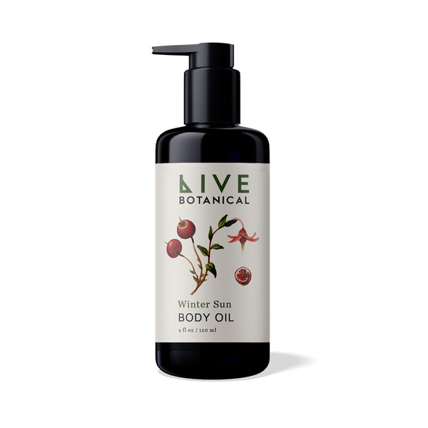 LIVE BOTANICAL Winter Sun Body Oil 120ml black glass bottle with a black pump