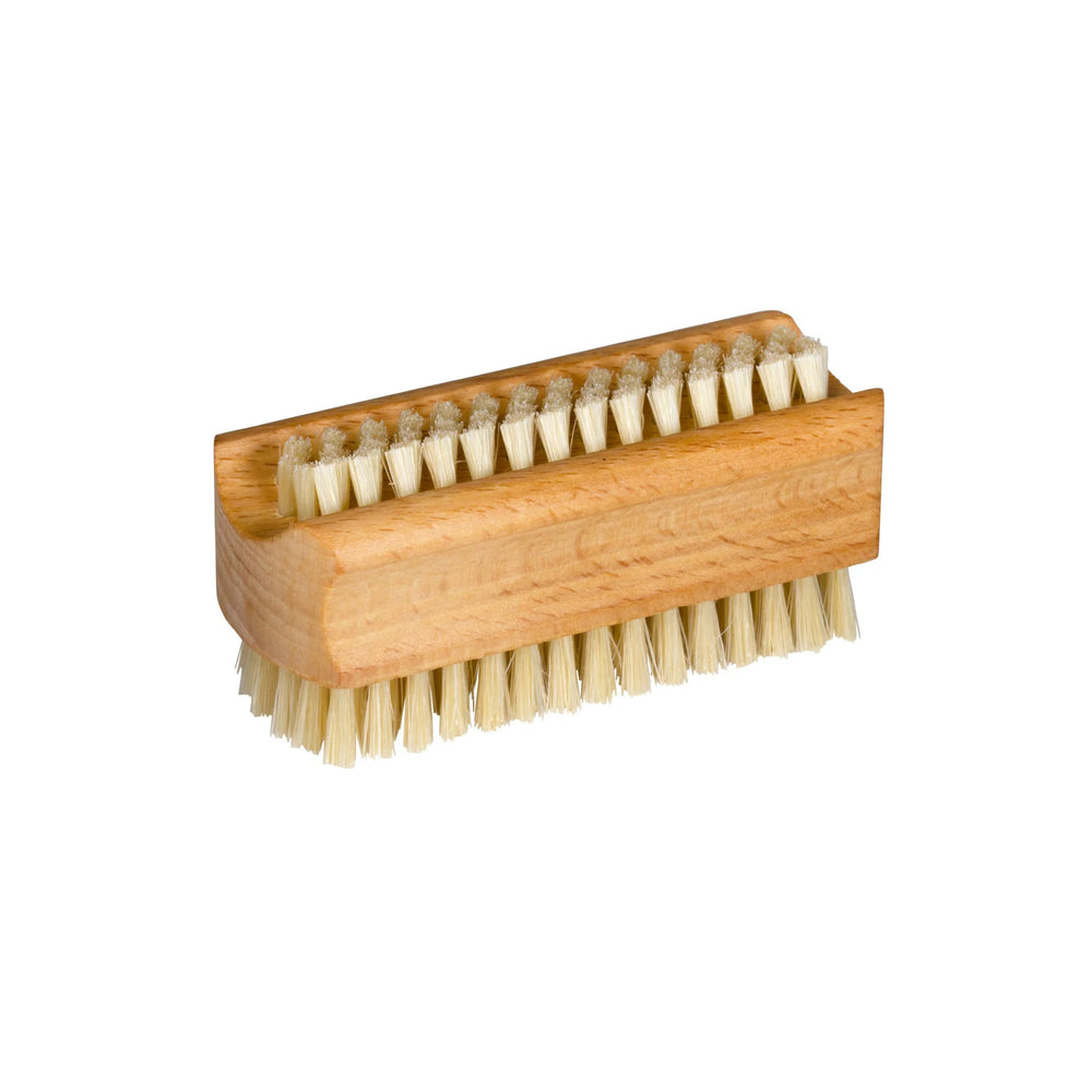 Double-sided beechwood nail brush with natural bristles.