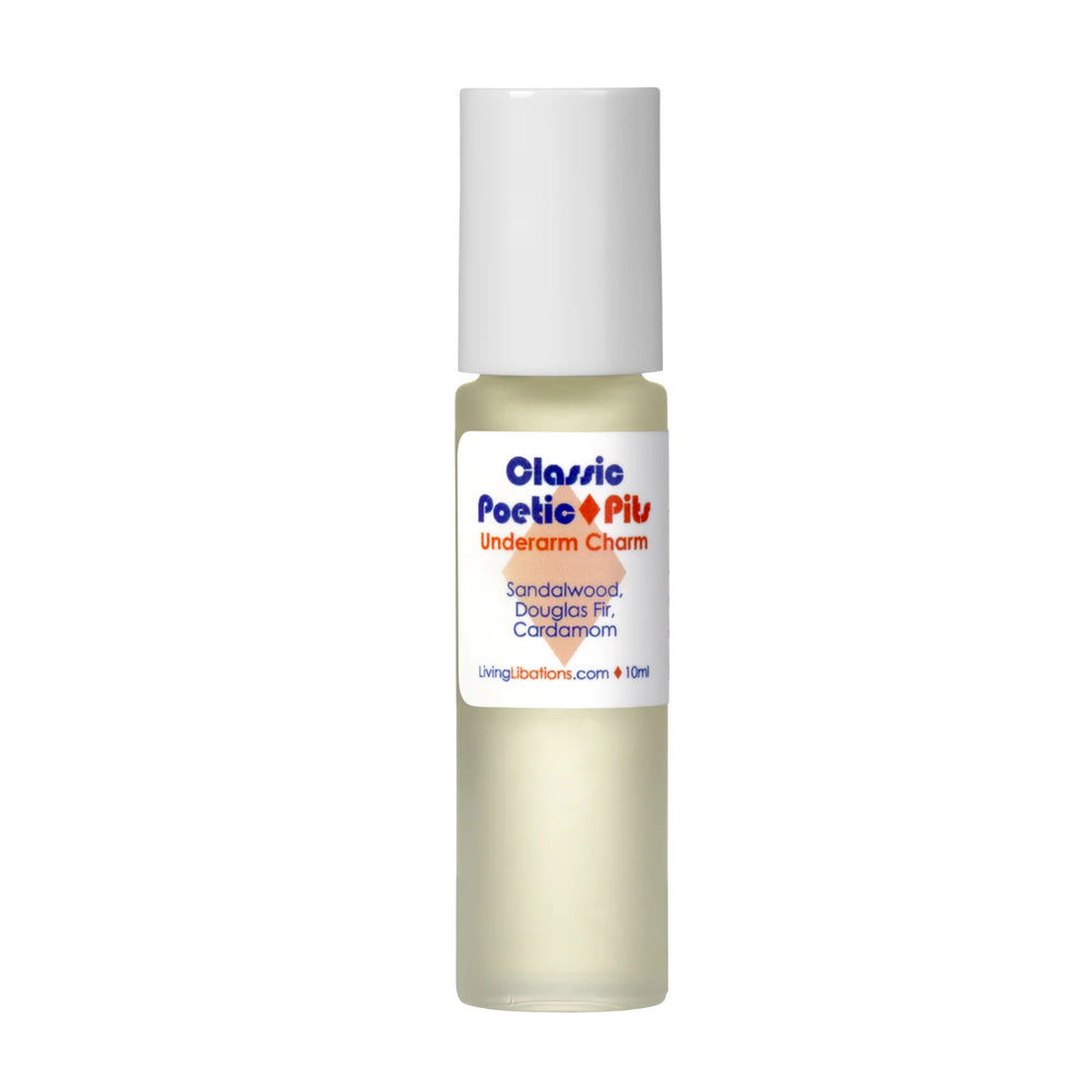 Classic Poetic Pits natural deodorant by Living Libations in glass bottle with sandalwood and cardamom. 5ml