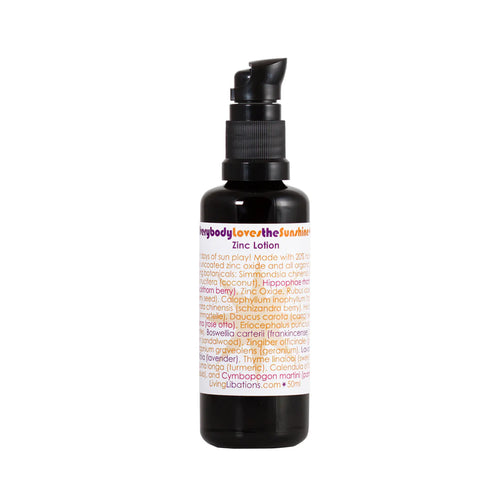 Living Libations Everybody Loves the Sunshine Zinc Lotion with botanical oils and non-nano zinc oxide. 50ml
