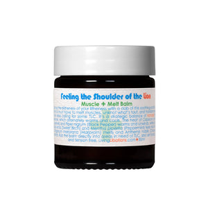 Living Libations Feeling the Shoulder of the Lion Muscle Melt Balm in glass jar with warming and cooling botanicals for muscle tension. 30ml