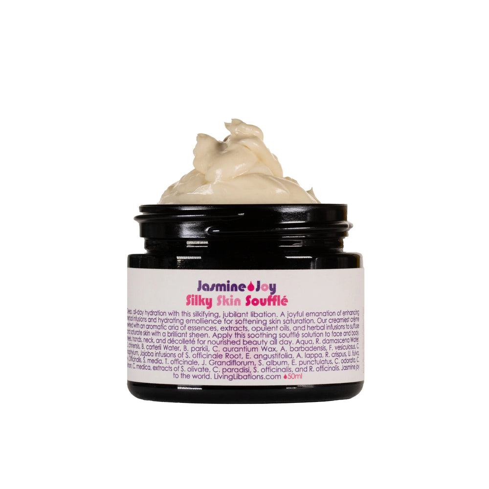 Living Libations Jasmine Joy Silky Skin Soufflé - a rich and creamy hydrating skin soufflé infused with Jasmine, Sandalwood, Ylang Ylang, and botanical emollients for radiant, moisturized skin. 50 ml