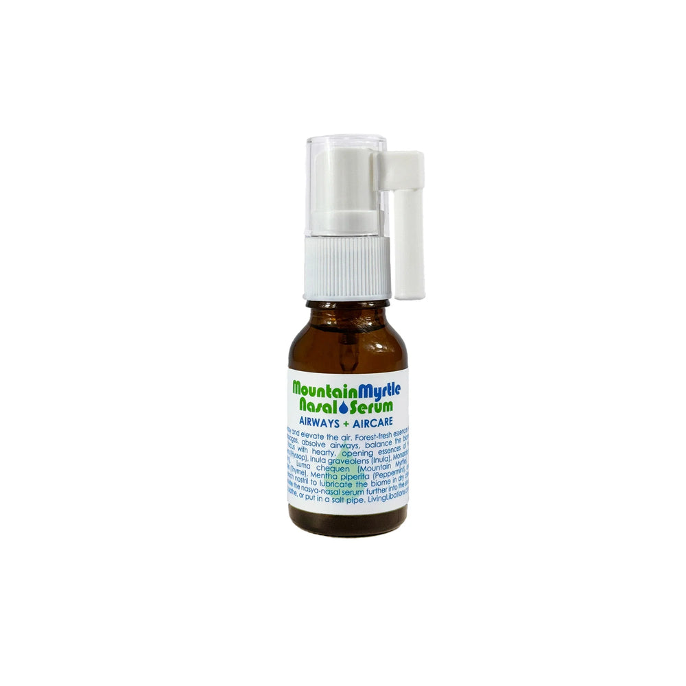 Glass bottle of Living Libations Mountain Myrtle Nasal Serum with natural ingredients like mountain myrtle, peppermint, and thyme, ideal for nasal care.