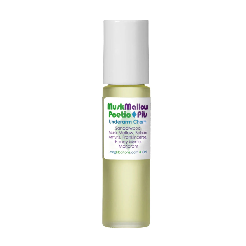Musk Mallow Poetic Pits natural deodorant by Living Libations in glass bottle with sandalwood and musk mallow. 5ml
