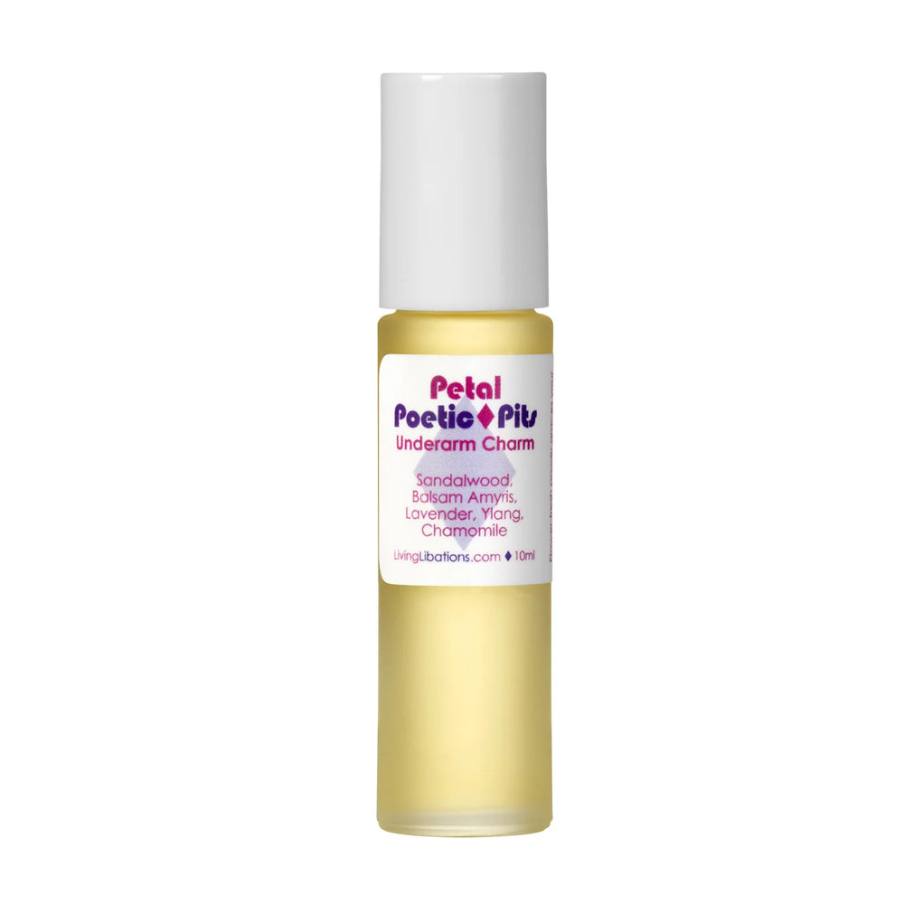 Living Libations Petal Poetic Pits roll-on featuring sandalwood, lavender, ylang, and chamomile essential oils. 5ml