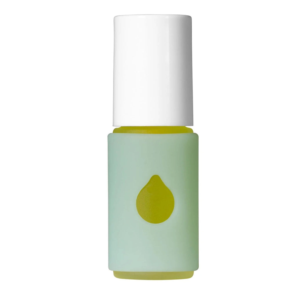 Living Libations Poetic Pits bottle in pastel blue silicone sleeve with cut-out drop design.