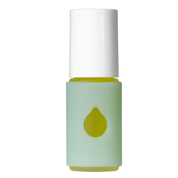 Living Libations Poetic Pits bottle in pastel blue silicone sleeve with cut-out drop design.