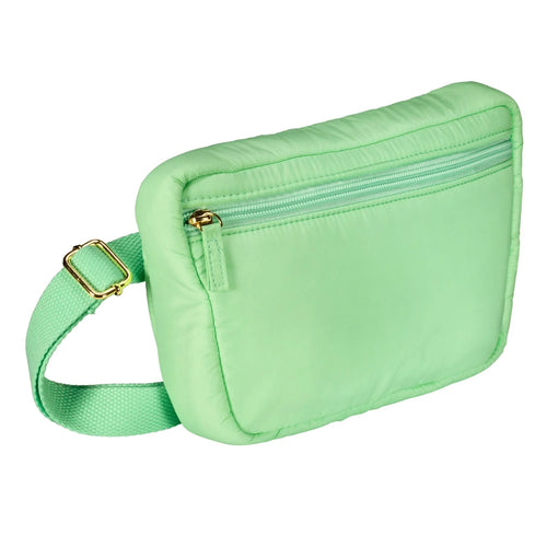 Living Libations Puffer Hip Bag in Seafoam Green with adjustable belt. seafoam green 
