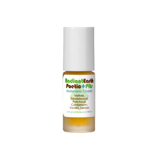 Living Libations Radiant Earth Poetic Pits natural deodorant with vetiver, sandalwood, patchouli, cardamom, vanilla, and lemon essential oils. 5ml