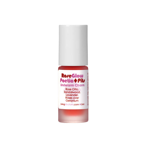 Living Libations Rose Glow Poetic Pits roll-on with rose otto, sandalwood, and lavender essential oils. 5ml