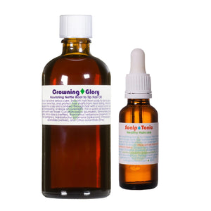 Two bottles of hair care products from Living Libations on a white background
