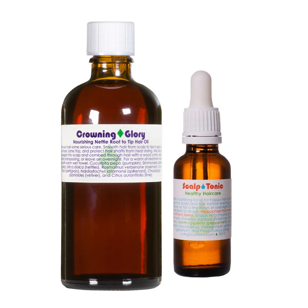 Two bottles of hair care products from Living Libations on a white background