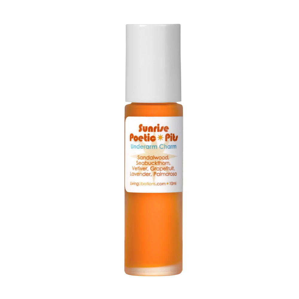 Living Libations Sunrise Poetic Pits natural deodorant with sandalwood, seabuckthorn, grapefruit, lavender, and vetiver essential oils. 5ml